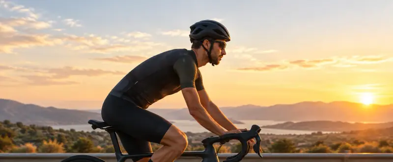 Cycliste au coucher de soleil sur route de campagne