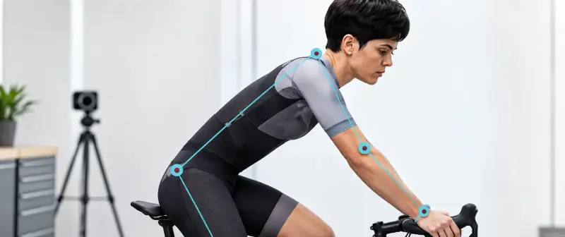 Cycliste sur home-trainer avec repères d’analyse posturale