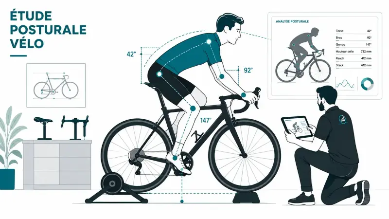 Analyse posturale d’un cycliste sur son vélo avec mesure des angles du corps